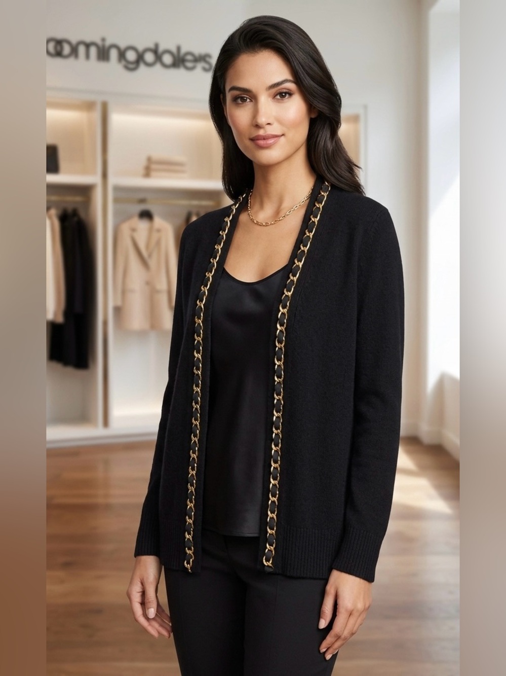 C by Bloomingdale's 100% Cashmere‎ Chain Trim Cardigan Black XS - 2-Ply Luxury